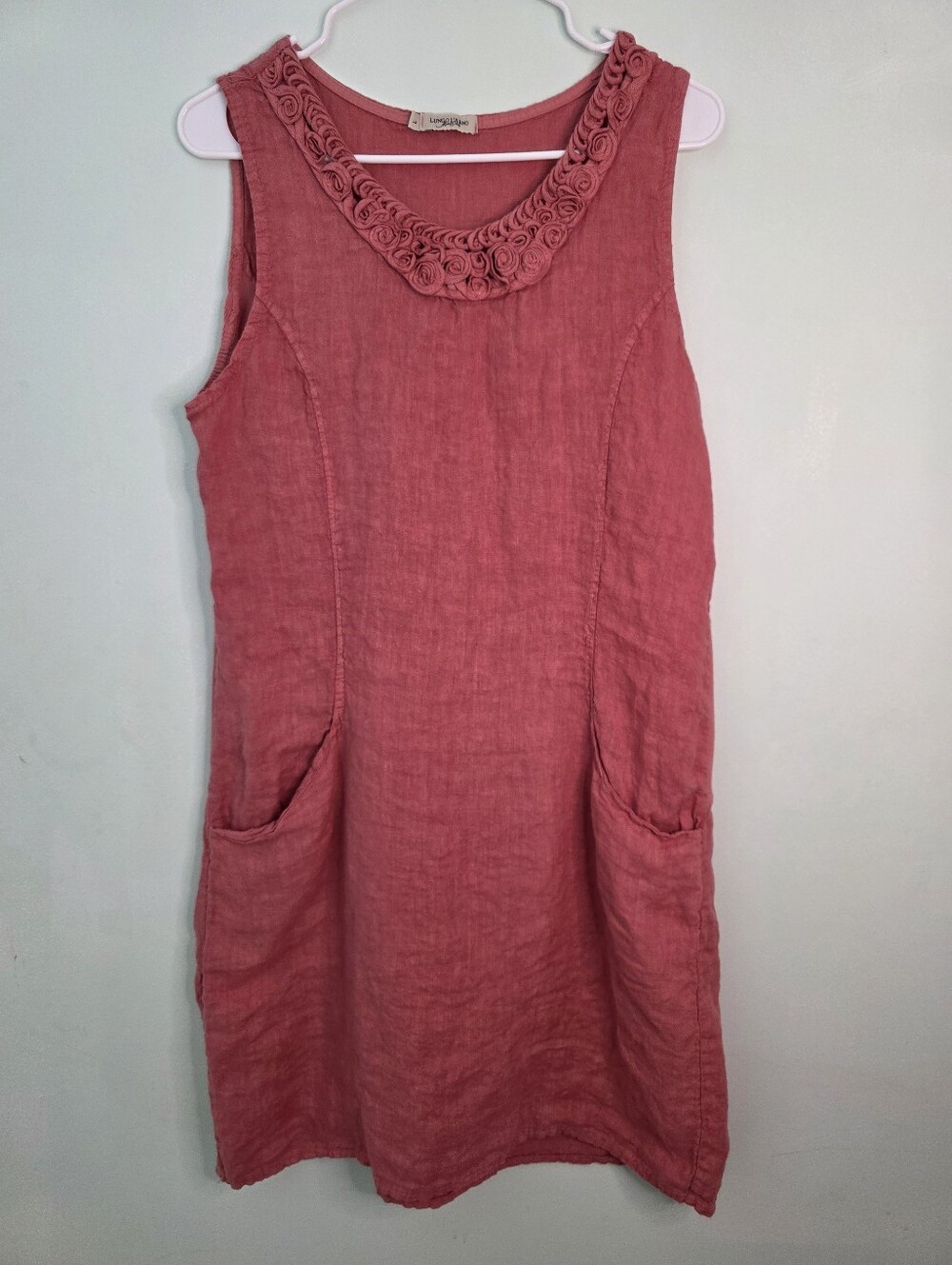 Lungo L'Arno 100% Linen Rosette Neckline Dress Made In Italy